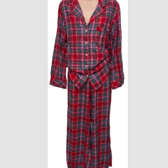 Victoria's Secret Red Pink Green Plaid Gold Thread Pajama SET Size M Lounge EUC - Picture 8 of 10